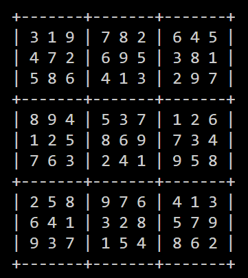 Screenshot of the output of the demo mode of the sudoku solver program